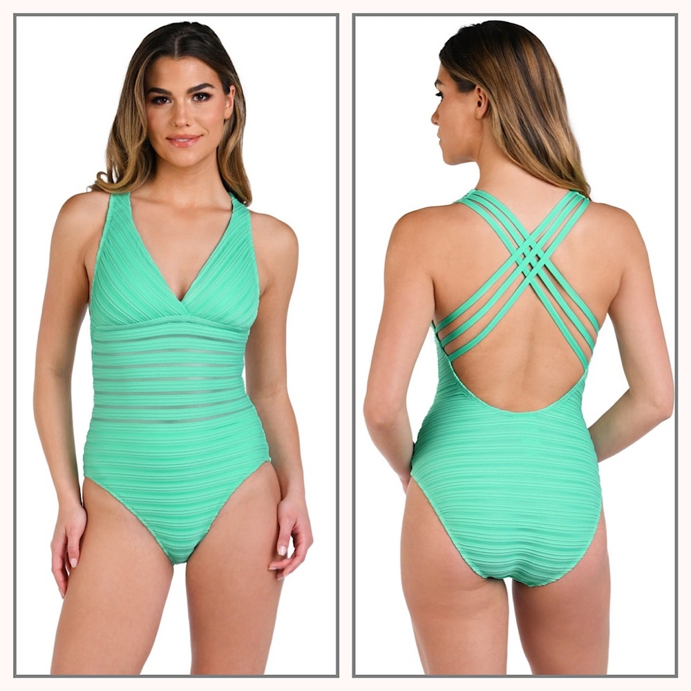 La Blanca Fluid Lines Multi-Strap Cross-Back One Piece green swimsuit woman’s 6